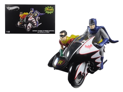 Picture of Hotwheels Cmc85 1966 Batcycle Elite Edition And Side Car With Batman And Robin Figures 1/12 Diecast Model