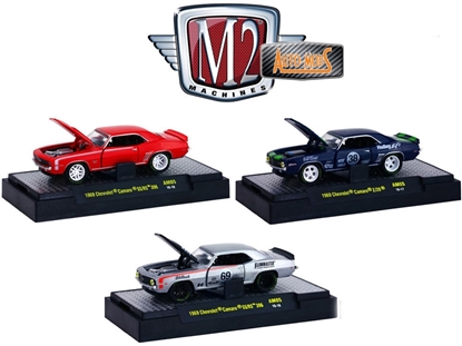 Picture of M2 32600-am05 Auto Mods 1969 Chevrolet Camaro Rs Ss 396 And 1969 Chevrolet Camaro Z/28, 3 Cars Set With Cases 1/64 Diecast Models