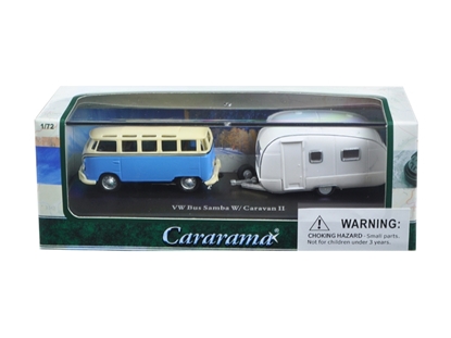 Picture of Cararama Cara12812 Volkswagen Bus Samba Blue With Caravan Ii Trailer In Display Showcase 1/72 Diecast Car Model