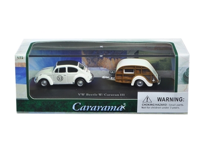 Picture of Cararama Cara12817 Volkswagen Beetle #53 With Caravan Iii Trailer In Display Showcase 1/72 Diecast Model Car