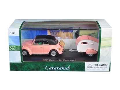 Picture of Cararama 14706 Volkswagen Beetle Pink With Caravan I Trailer And Display Case 1/43 Diecast Car Model
