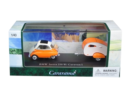 Picture of Cararama 14708 Bmw Isetta 250 Orange With Caravan I Trailer And Display Case 1/43 Diecast Car Model