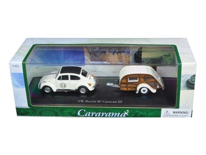 Picture of Cararama 14811 Volkswagen Beetle #53 With Caravan Iii Trailer In Display Case 1/43 Diecast Model Car