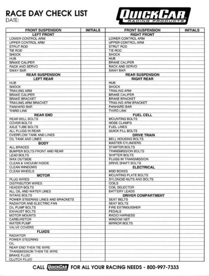 Race Day Check-List