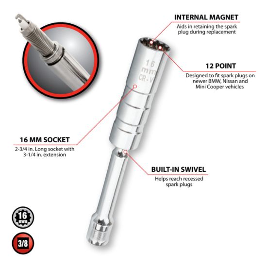 PERFORM TOOL 3/8'DR.16MM12PTMAGSPARKPLUGS - W80543