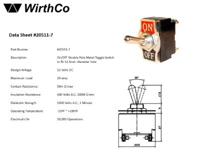 WIRTHCO 12V 20 AMP ON/OFF METAL TOGGLE - 20511