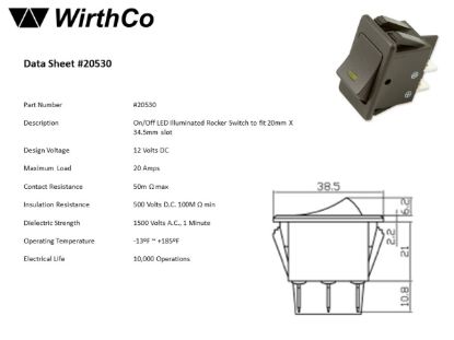 WIRTHCO 12V 20 AMP ON/OFF ROCKER WITH O LED - 20530